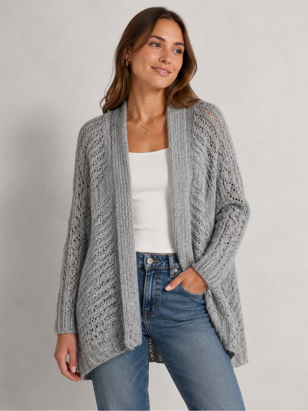 Pure Jill Open Front Cable Knit Cardigan Minimalist Sweater Academia Granny Sz L